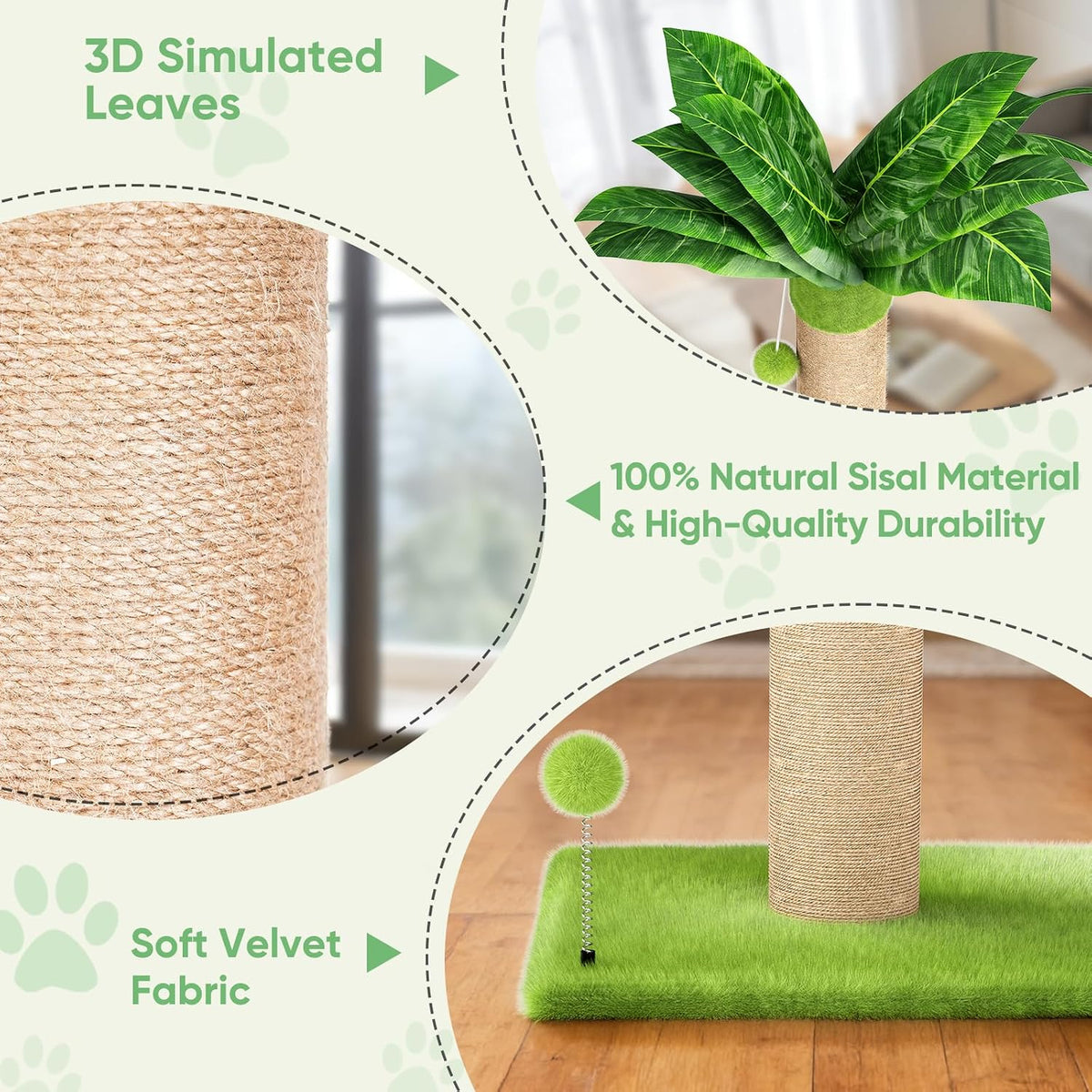 XiaZ Cat Scratching Post 34'' Tall, Durable Cat Scratch Tree Tower for Indoor Kitty with Extra Wide 15.8" Stable Base & 2 Toy Balls, Natural Sisal & Plush Fabric for Small, Medium Cats (Green, 2.8in)