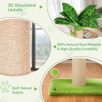 XiaZ Cat Scratching Post 34'' Tall, Durable Cat Scratch Tree Tower for Indoor Kitty with Extra Wide 15.8" Stable Base & 2 Toy Balls, Natural Sisal & Plush Fabric for Small, Medium Cats (Green, 2.8in)