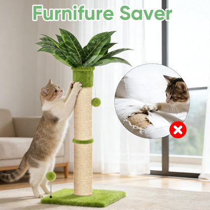 XiaZ Cat Scratching Post 34'' Tall, Durable Cat Scratch Tree Tower for Indoor Kitty with Extra Wide 15.8" Stable Base & 2 Toy Balls, Natural Sisal & Plush Fabric for Small, Medium Cats (Green, 2.8in)