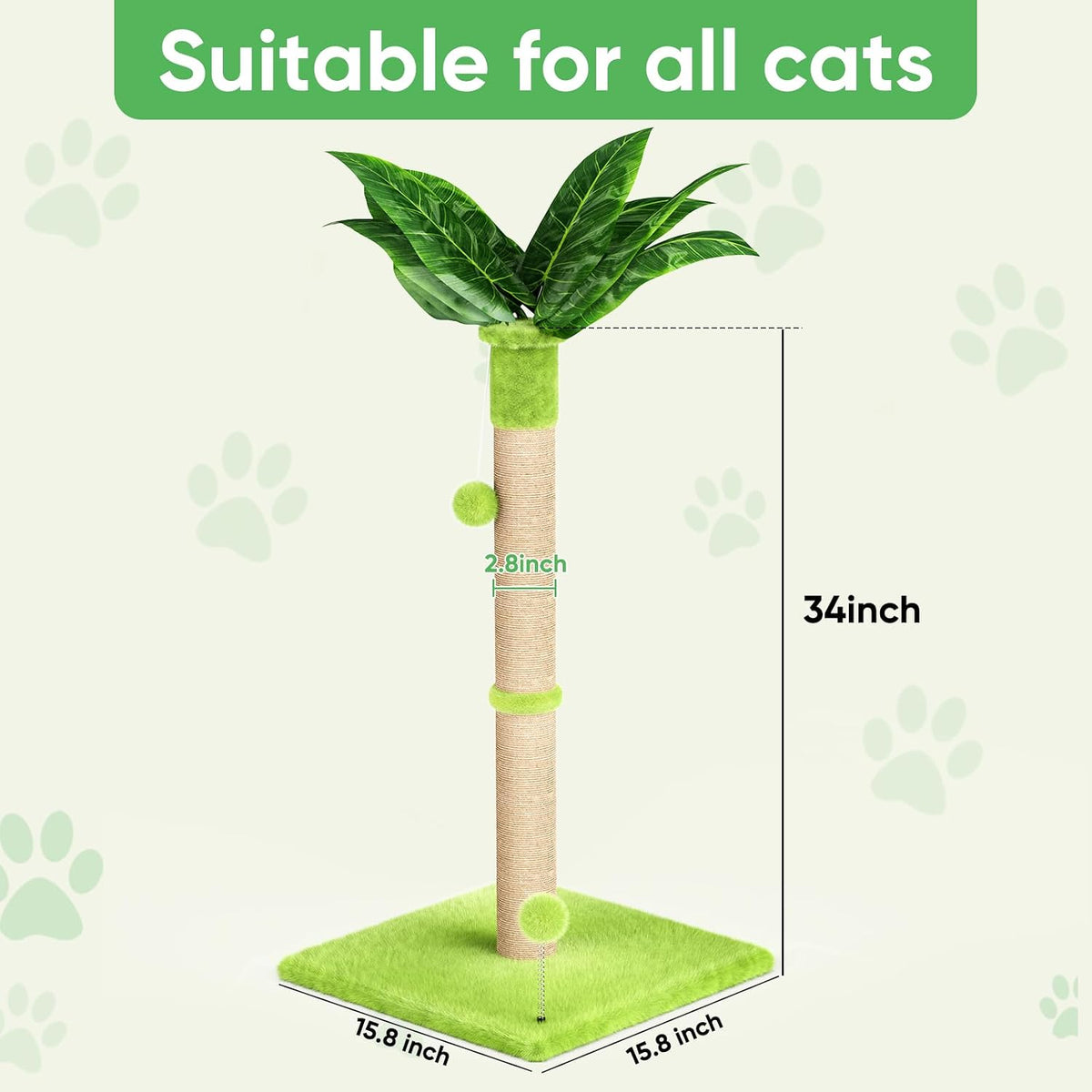 XiaZ Cat Scratching Post 34'' Tall, Durable Cat Scratch Tree Tower for Indoor Kitty with Extra Wide 15.8" Stable Base & 2 Toy Balls, Natural Sisal & Plush Fabric for Small, Medium Cats (Green, 2.8in)