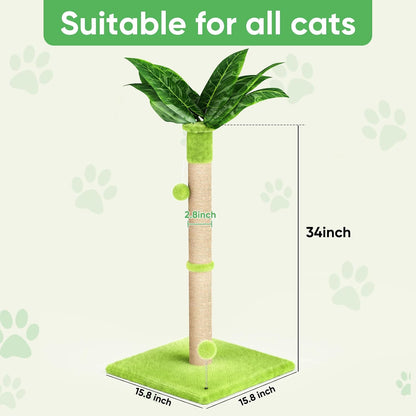 XiaZ Cat Scratching Post 34'' Tall, Durable Cat Scratch Tree Tower for Indoor Kitty with Extra Wide 15.8" Stable Base & 2 Toy Balls, Natural Sisal & Plush Fabric for Small, Medium Cats (Green, 2.8in)
