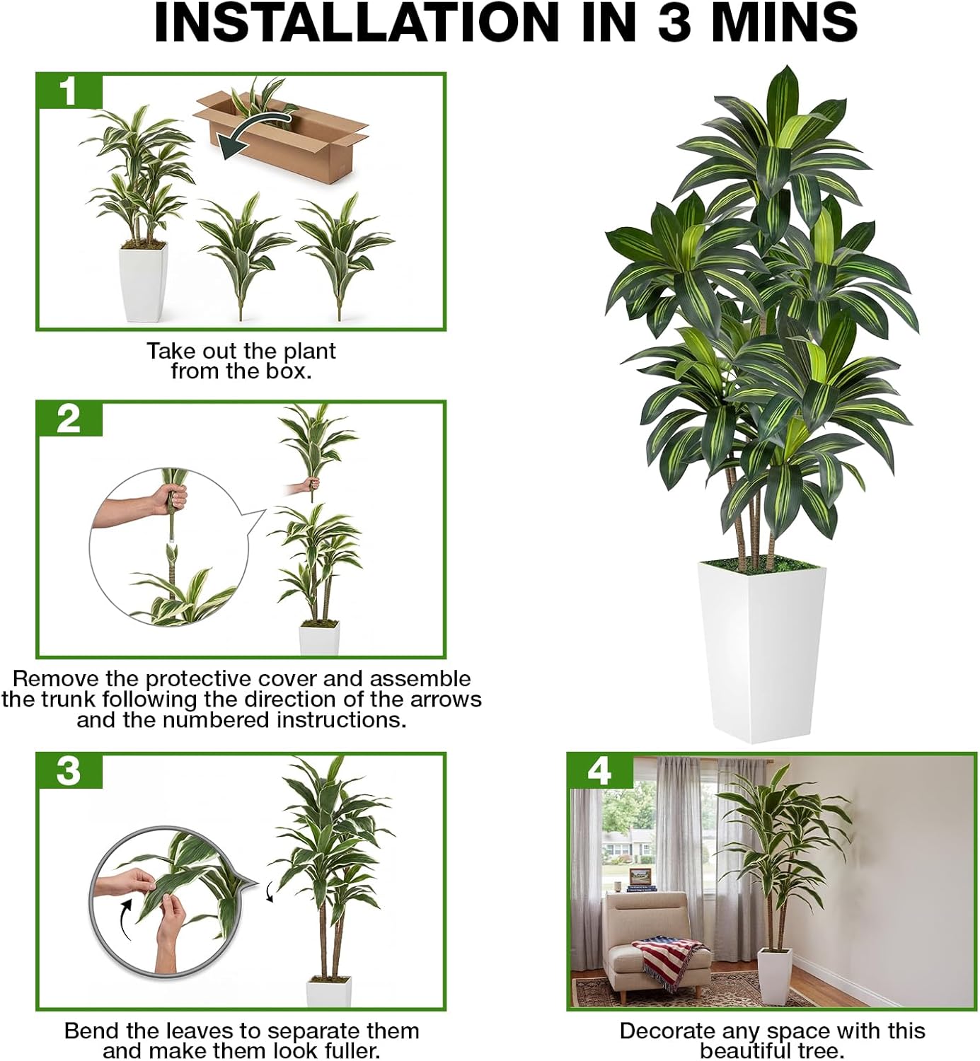 Artificial Dracaena Tree 6FT Tall, Faux Dracaena Tree Indoor, Fake Yucca Plant Potted, Tropical Floor Plant with Lifelike Leaves for Home Office Living Room Indoor Outdoor Decor
