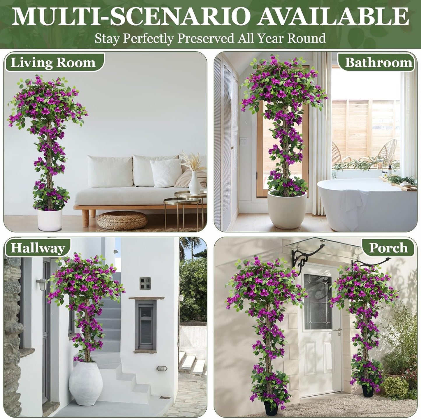 7FT Tall Bougainvillea Artificial Tree for Outdoors or Indoors, Faux Tree Realistic Wood with Flowers in Plastic Pot Front Porch Plants, Home, Office, Purple
