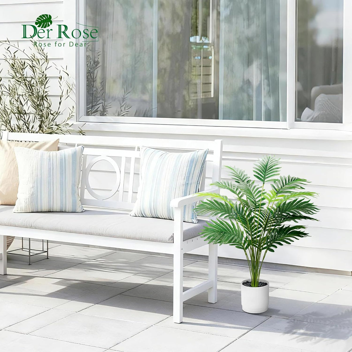 28" Fake Palm Tree, Artificial Plants Indoor in Modern White Pot | Artificial palm plants indoor bring clean, light-toned greenery to bathroom, bedroom, baclony, outdoor patio decor