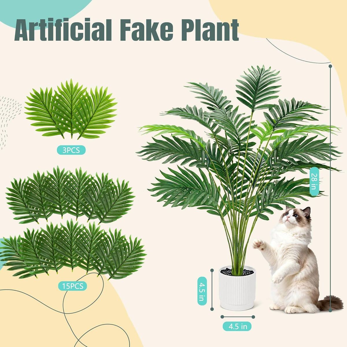 28" Fake Palm Tree, Artificial Plants Indoor in Modern White Pot | Artificial palm plants indoor bring clean, light-toned greenery to bathroom, bedroom, baclony, outdoor patio decor