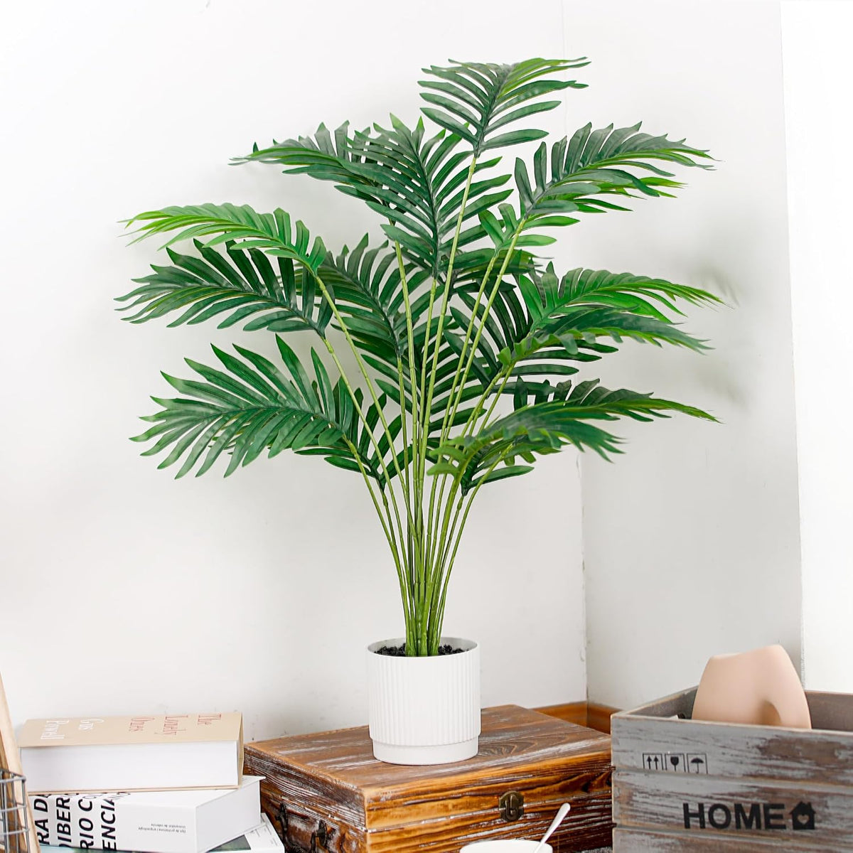 28" Fake Palm Tree, Artificial Plants Indoor in Modern White Pot | Artificial palm plants indoor bring clean, light-toned greenery to bathroom, bedroom, baclony, outdoor patio decor