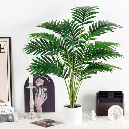 28" Fake Palm Tree, Artificial Plants Indoor in Modern White Pot | Artificial palm plants indoor bring clean, light-toned greenery to bathroom, bedroom, baclony, outdoor patio decor
