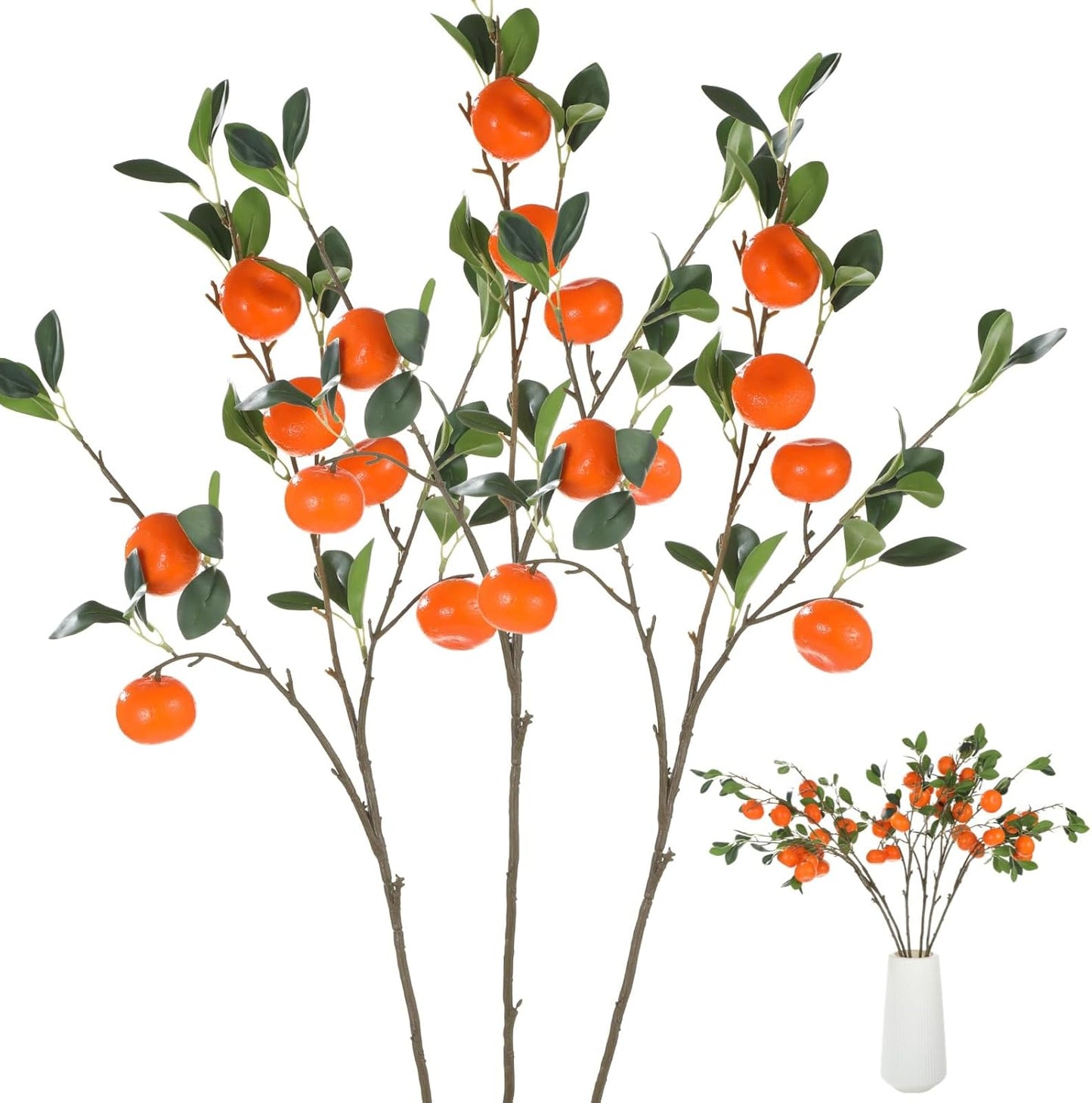 3 Pcs Artificial Orange Tree Branches, 36 in Fake Orange Fruit Stems with Leaves, Faux Orange Plant Twig Picks for Home Decor, Office, Wedding, Table Centerpiece, Window Display