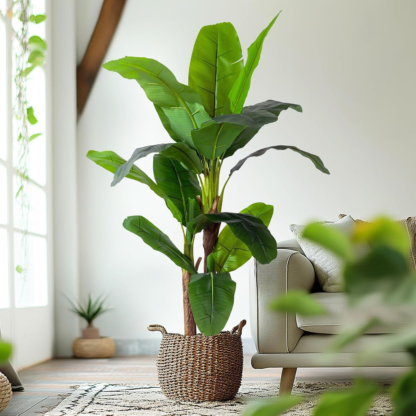 Erimda 7.2FT Artificial Banana Tree, Lifelike Fake Banana Leaf Tropical Silk Tree, Easy Assembly Faux Floor Plant with Sturdy Trunk, Maintenance Free for Indoor Home Patio Pool Outdoor Tropical Decor