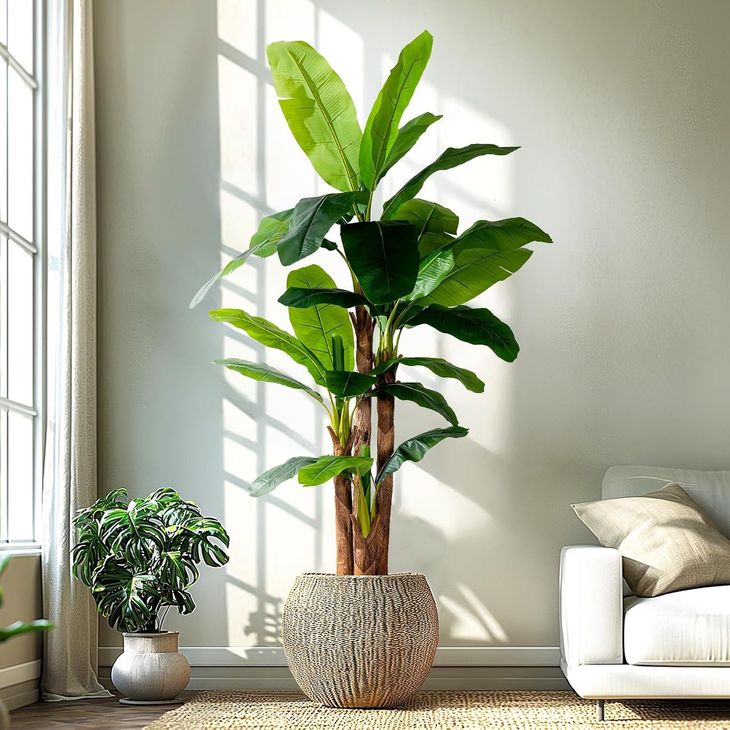 Erimda 7.2FT Artificial Banana Tree, Lifelike Fake Banana Leaf Tropical Silk Tree, Easy Assembly Faux Floor Plant with Sturdy Trunk, Maintenance Free for Indoor Home Patio Pool Outdoor Tropical Decor