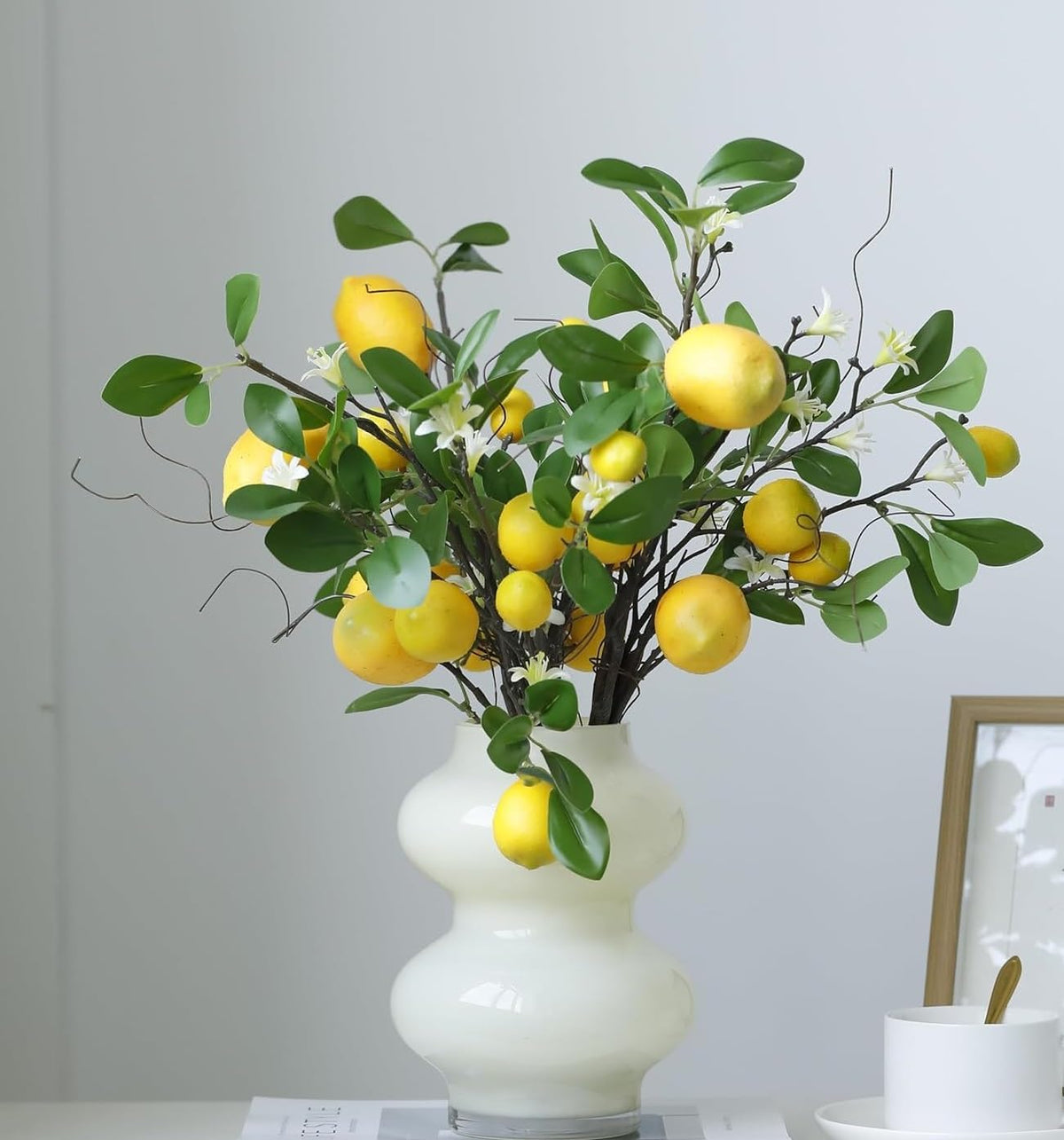 Artificial Lemon Branches, 8 Head Fake Lemons Stems, Faux Lemon Branches for Vase, Lemon Themed Picks for Room Kitchen Office Outdoor and Party Decoration