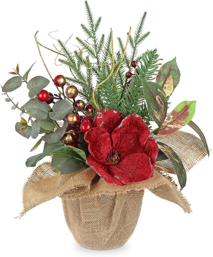 15.7’’ Premium Artificial Christmas Arrangement with Red Magnolia, Pomegranate & Gold Berries in Burlap Pot, Elegant Holiday Centerpiece for Farmhouse & Modern Valentine's Day Décor