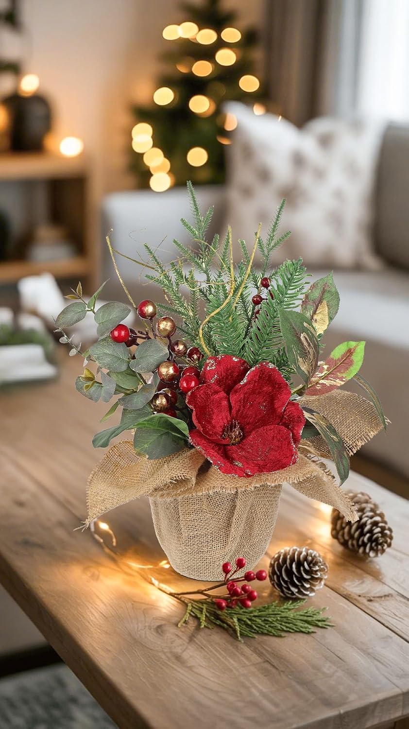 15.7’’ Premium Artificial Christmas Arrangement with Red Magnolia, Pomegranate & Gold Berries in Burlap Pot, Elegant Holiday Centerpiece for Farmhouse & Modern Valentine's Day Décor
