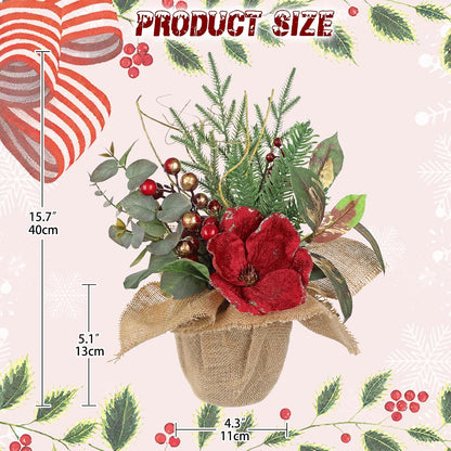 15.7’’ Premium Artificial Christmas Arrangement with Red Magnolia, Pomegranate & Gold Berries in Burlap Pot, Elegant Holiday Centerpiece for Farmhouse & Modern Valentine's Day Décor