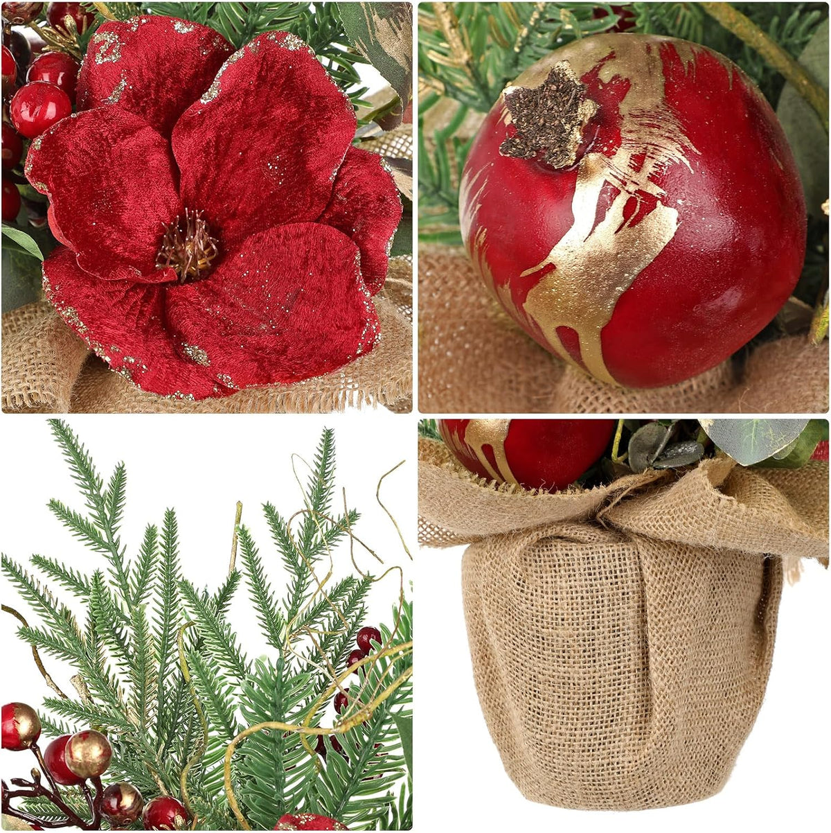 15.7’’ Premium Artificial Christmas Arrangement with Red Magnolia, Pomegranate & Gold Berries in Burlap Pot, Elegant Holiday Centerpiece for Farmhouse & Modern Valentine's Day Décor