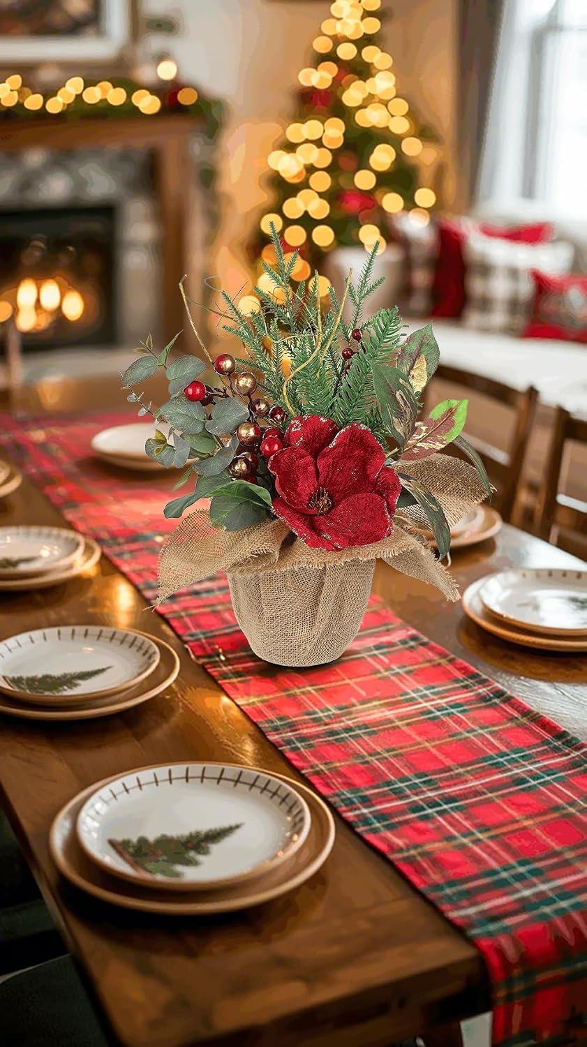 15.7’’ Premium Artificial Christmas Arrangement with Red Magnolia, Pomegranate & Gold Berries in Burlap Pot, Elegant Holiday Centerpiece for Farmhouse & Modern Valentine's Day Décor