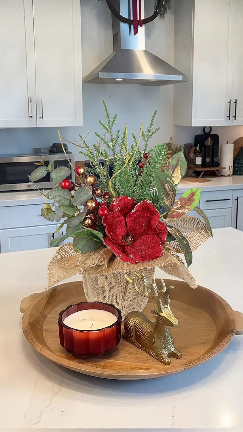15.7’’ Premium Artificial Christmas Arrangement with Red Magnolia, Pomegranate & Gold Berries in Burlap Pot, Elegant Holiday Centerpiece for Farmhouse & Modern Valentine's Day Décor