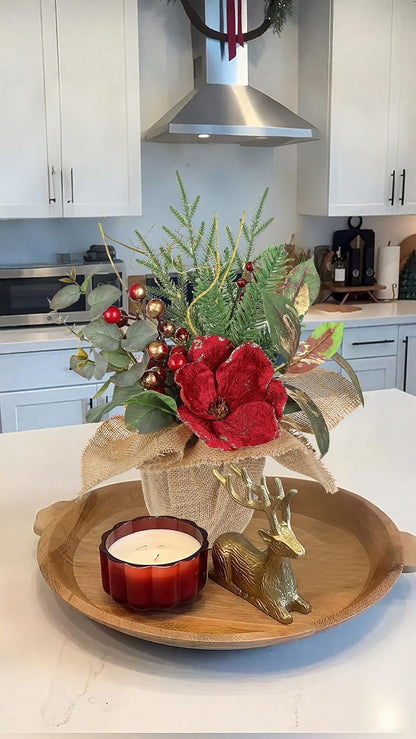 15.7’’ Premium Artificial Christmas Arrangement with Red Magnolia, Pomegranate & Gold Berries in Burlap Pot, Elegant Holiday Centerpiece for Farmhouse & Modern Valentine's Day Décor