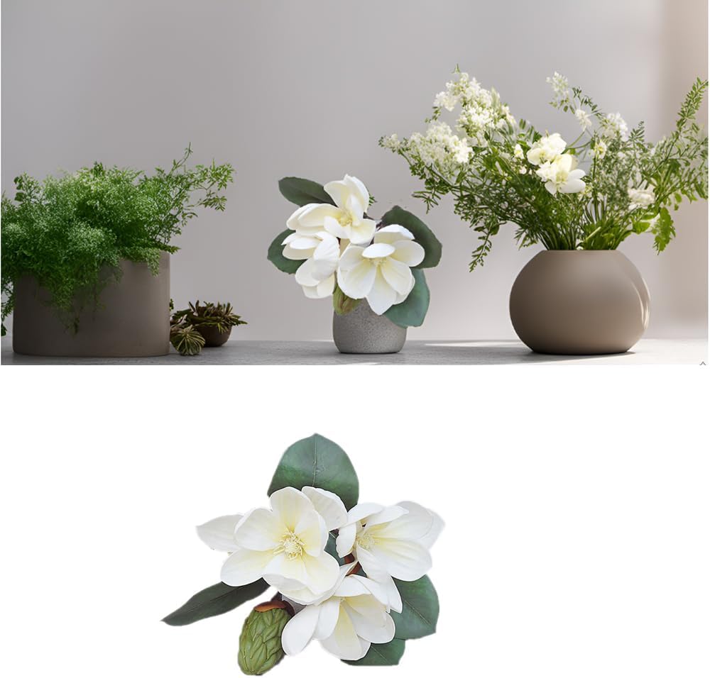3Pcs Artificial Magnolia Flowers, 11 inch,White Silk Artificial Magnolia Flowers Decoration Bouquet,L,for Wedding Party Home