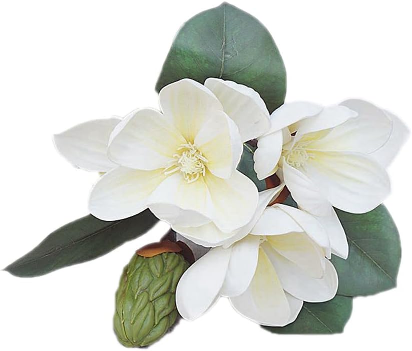 3Pcs Artificial Magnolia Flowers, 11 inch,White Silk Artificial Magnolia Flowers Decoration Bouquet,L,for Wedding Party Home