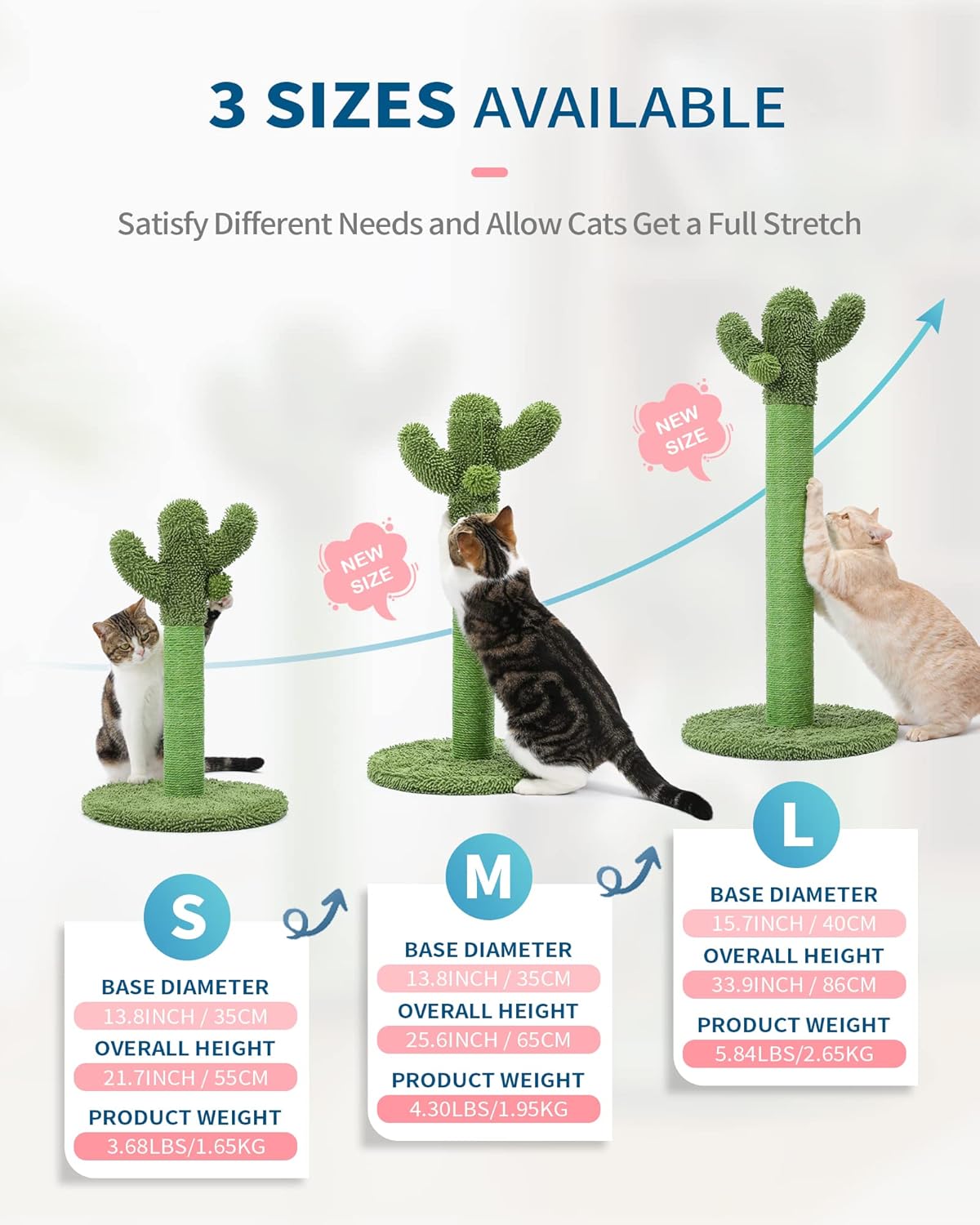 Cactus Cat Scratching Post for Small Indoor Cats & Kittens, 21.7" | Natural Sisal Rope Cat Scratcher with Stable Base and Plush Ball for Kittens to Scratch, Play and Develop Healthy Habits