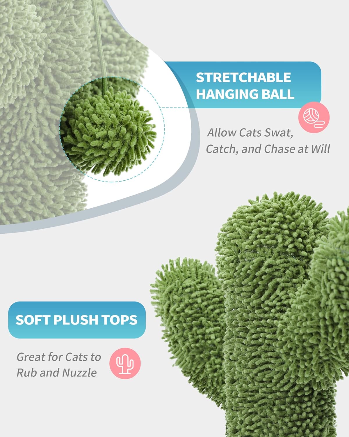 Cactus Cat Scratching Post for Small Indoor Cats & Kittens, 21.7" | Natural Sisal Rope Cat Scratcher with Stable Base and Plush Ball for Kittens to Scratch, Play and Develop Healthy Habits
