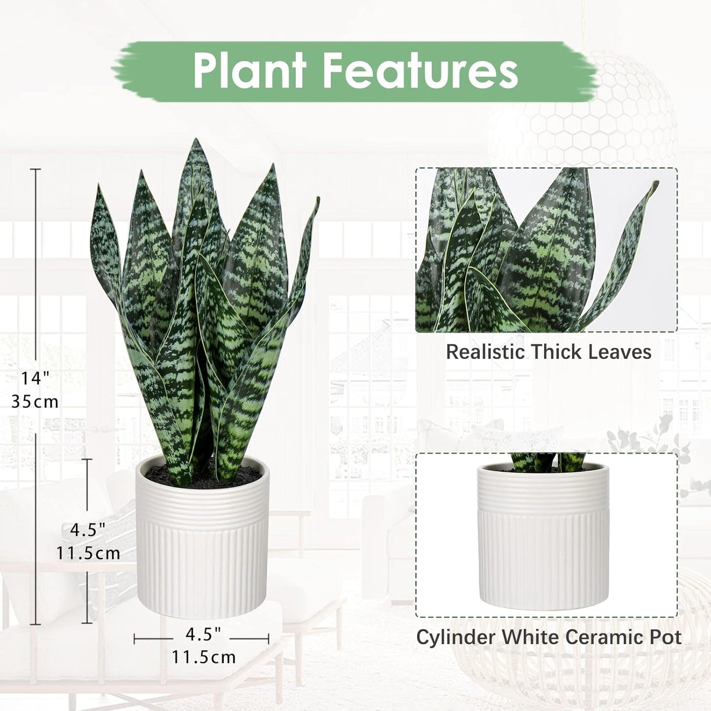 Fake Snake Plant 16" Faux Potted Plant Artificial Snake Plant with White Ceramic Pot Sansevieria Plant Perfect for House Modern Living Room Office Housewarming Gift Indoor Decor
