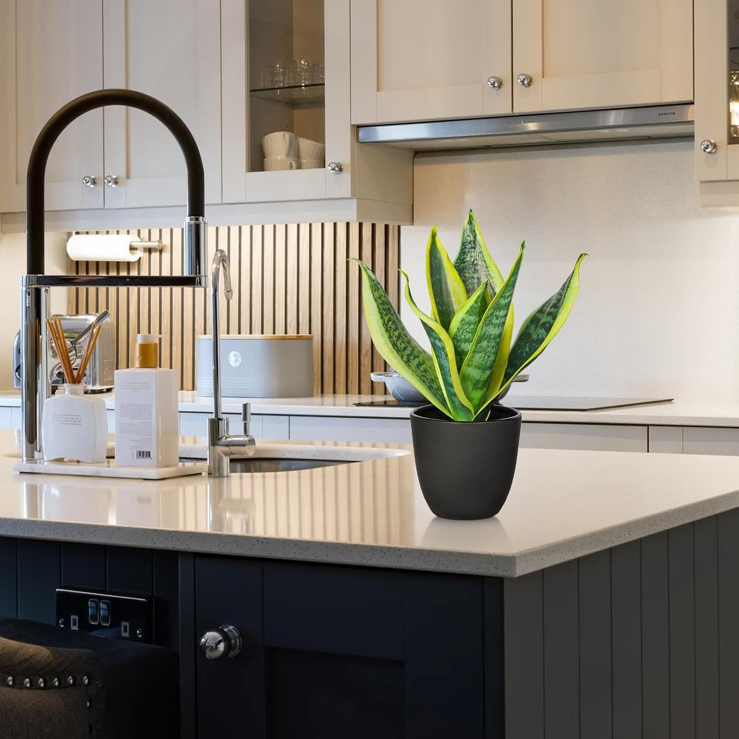 Fake Snake Plant 16" Faux Potted Plant Artificial Snake Plant with White Ceramic Pot Sansevieria Plant Perfect for House Modern Living Room Office Housewarming Gift Indoor Decor