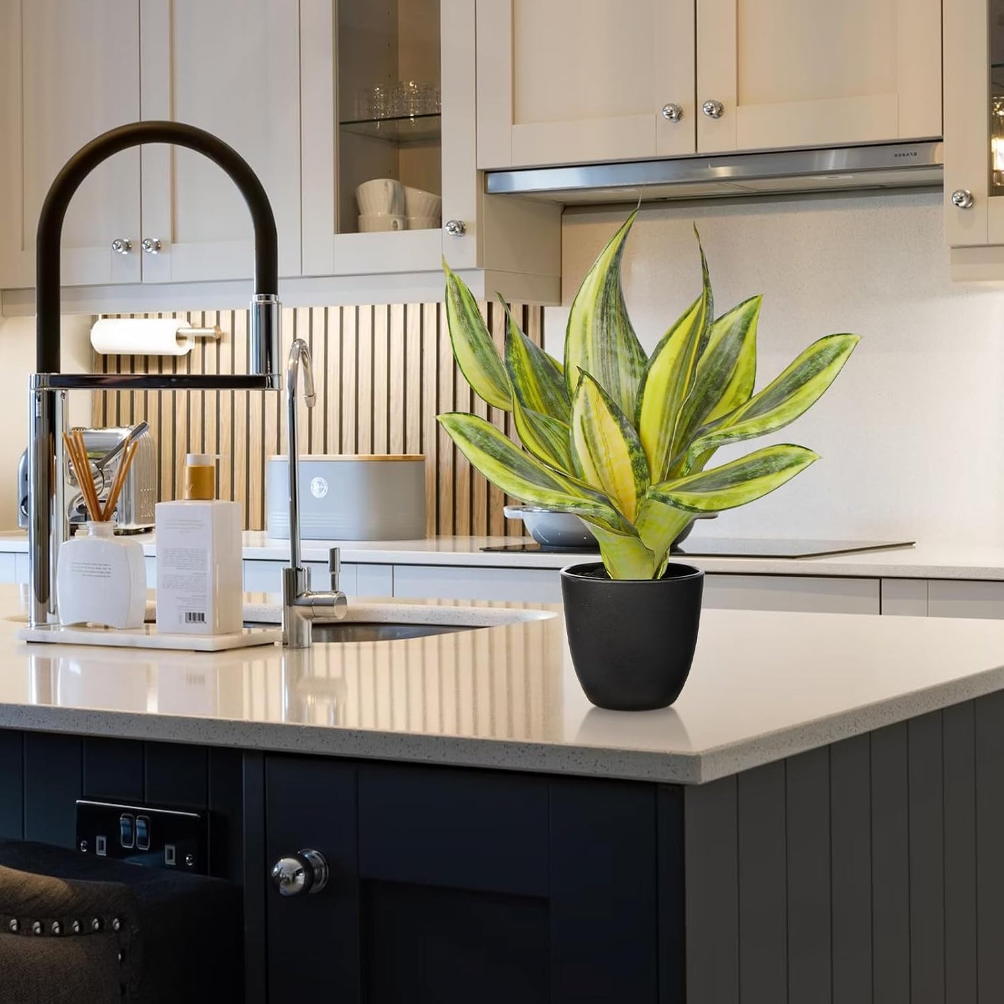 Fake Snake Plant 16" Faux Potted Plant Artificial Snake Plant with White Ceramic Pot Sansevieria Plant Perfect for House Modern Living Room Office Housewarming Gift Indoor Decor