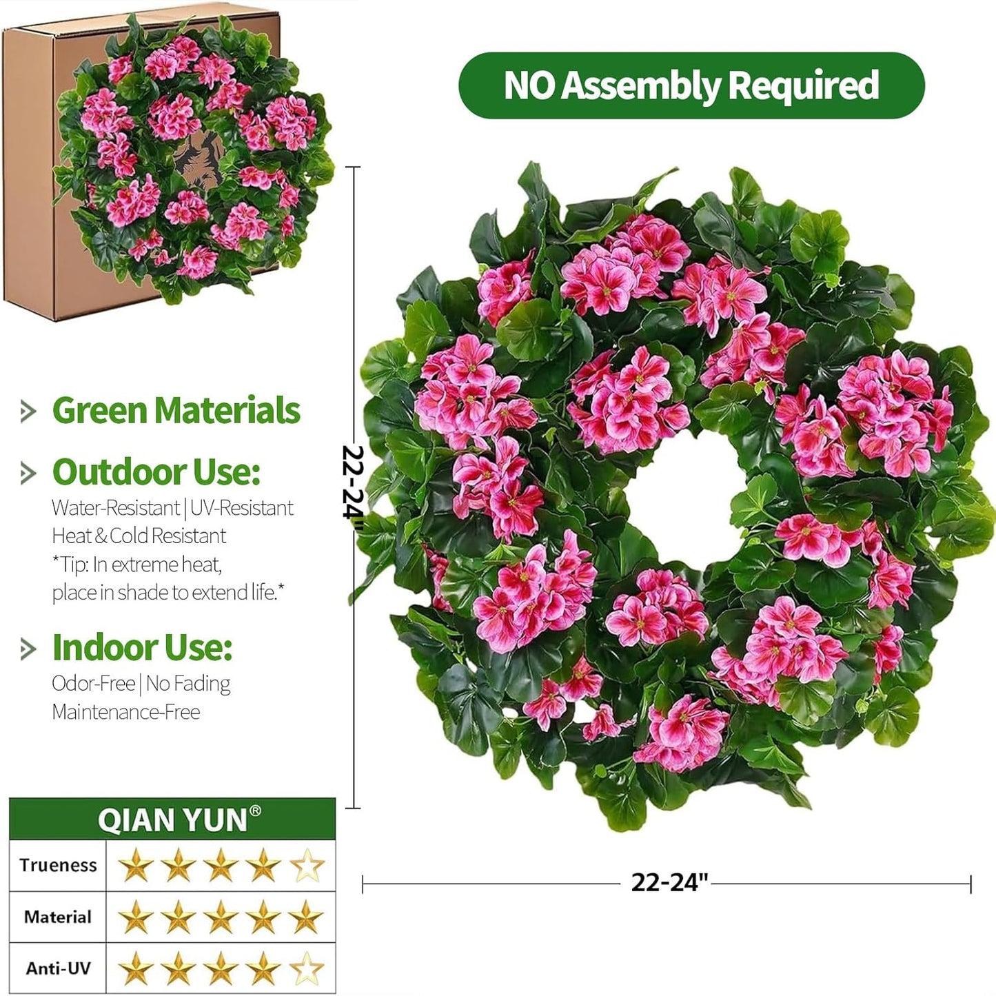 Spring Pink Wreath 24” – Floral Decor with Geranium Flowers for Front Door, Entry, Porch Display, Easter, Thanksgiving, Christmas