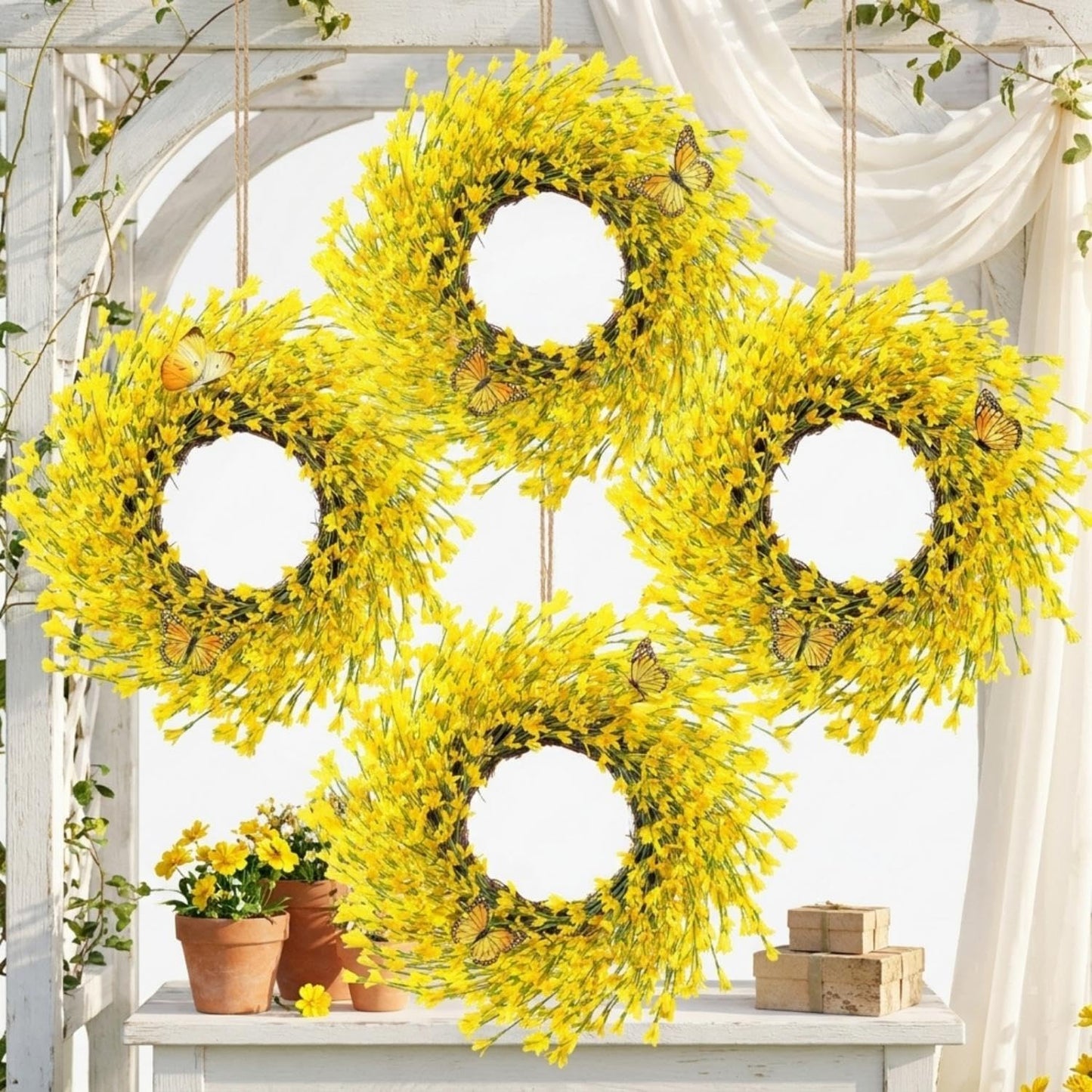 4 Pcs 14 Inch Forsythia Wreath Set Artificial Yellow Spring Summer Wreath for Front Door Porch Wall Decor, Farmhouse Rustic Home Mother's Day Wedding Gift