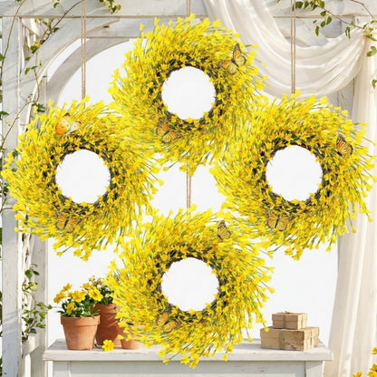 4 Pcs 14 Inch Forsythia Wreath Set Artificial Yellow Spring Summer Wreath for Front Door Porch Wall Decor, Farmhouse Rustic Home Mother's Day Wedding Gift