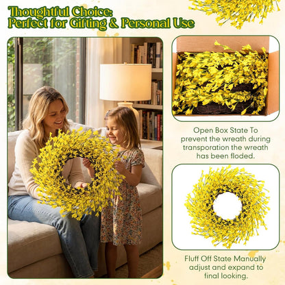 4 Pcs 14 Inch Forsythia Wreath Set Artificial Yellow Spring Summer Wreath for Front Door Porch Wall Decor, Farmhouse Rustic Home Mother's Day Wedding Gift