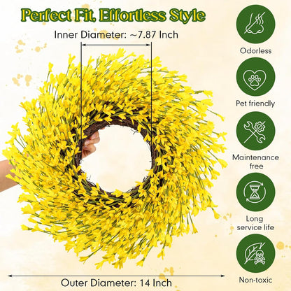 4 Pcs 14 Inch Forsythia Wreath Set Artificial Yellow Spring Summer Wreath for Front Door Porch Wall Decor, Farmhouse Rustic Home Mother's Day Wedding Gift