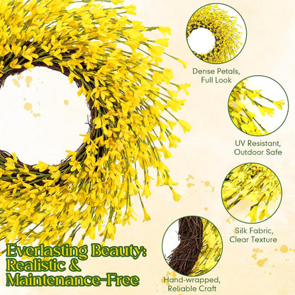 4 Pcs 14 Inch Forsythia Wreath Set Artificial Yellow Spring Summer Wreath for Front Door Porch Wall Decor, Farmhouse Rustic Home Mother's Day Wedding Gift