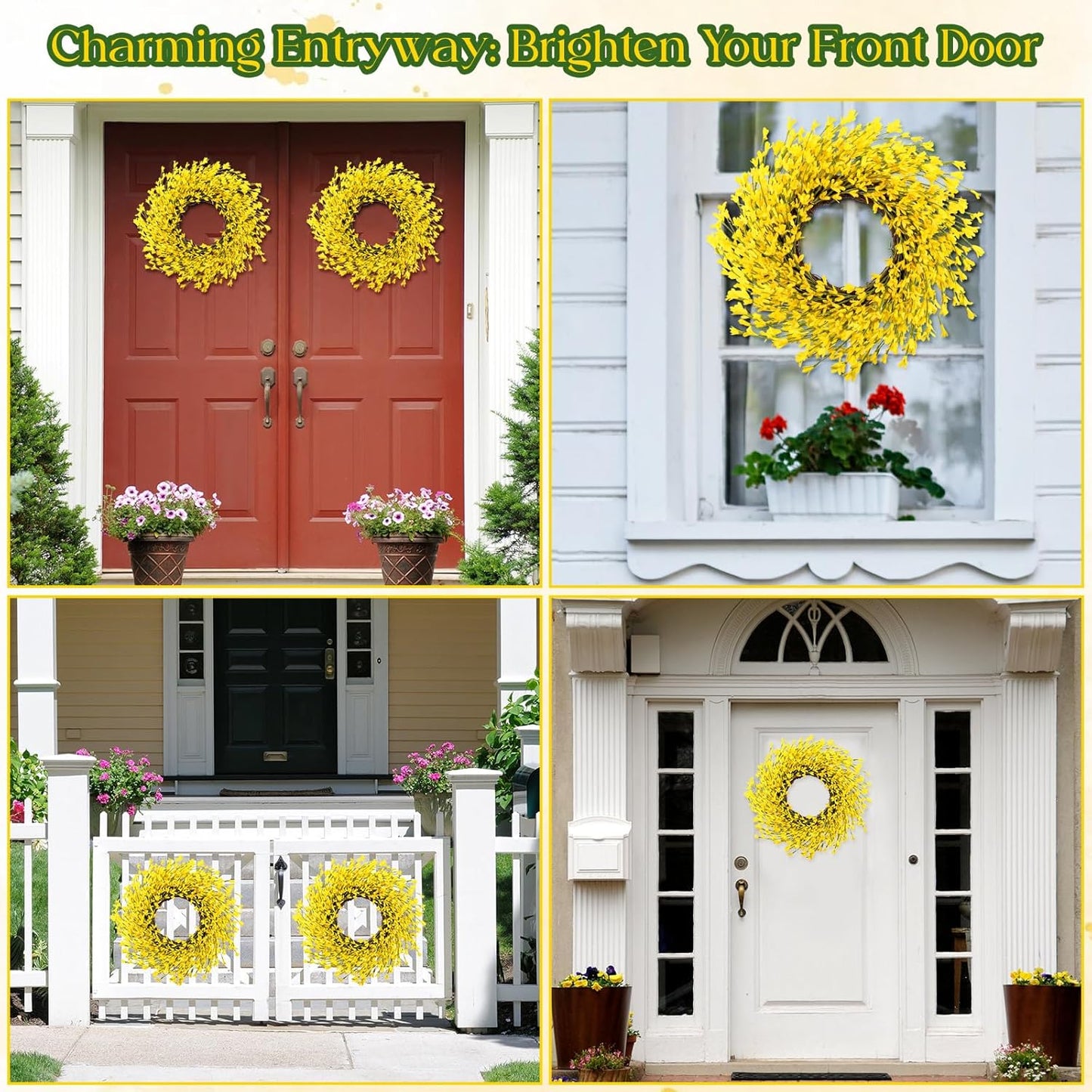 4 Pcs 14 Inch Forsythia Wreath Set Artificial Yellow Spring Summer Wreath for Front Door Porch Wall Decor, Farmhouse Rustic Home Mother's Day Wedding Gift