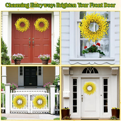 4 Pcs 14 Inch Forsythia Wreath Set Artificial Yellow Spring Summer Wreath for Front Door Porch Wall Decor, Farmhouse Rustic Home Mother's Day Wedding Gift