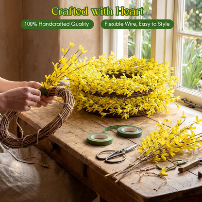 4 Pcs 14 Inch Forsythia Wreath Set Artificial Yellow Spring Summer Wreath for Front Door Porch Wall Decor, Farmhouse Rustic Home Mother's Day Wedding Gift