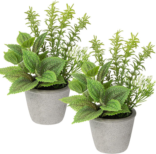 Set of 2 Fake Plants Artificial Potted Plants Faux Mint & Rosemary Plants Indoor for Home Farmhouse Rustic Shelf Coffee Table Cabinet Decor