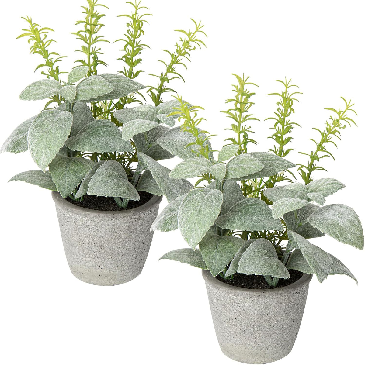 Set of 2 Fake Plants Artificial Potted Plants Faux Mint & Rosemary Plants Indoor for Home Farmhouse Rustic Shelf Coffee Table Cabinet Decor