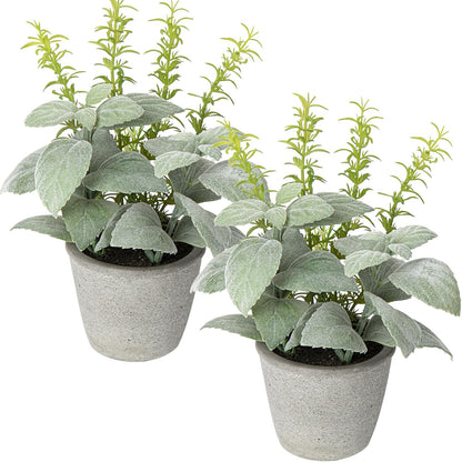 Set of 2 Fake Plants Artificial Potted Plants Faux Mint & Rosemary Plants Indoor for Home Farmhouse Rustic Shelf Coffee Table Cabinet Decor