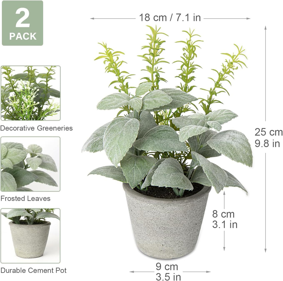 Set of 2 Fake Plants Artificial Potted Plants Faux Mint & Rosemary Plants Indoor for Home Farmhouse Rustic Shelf Coffee Table Cabinet Decor