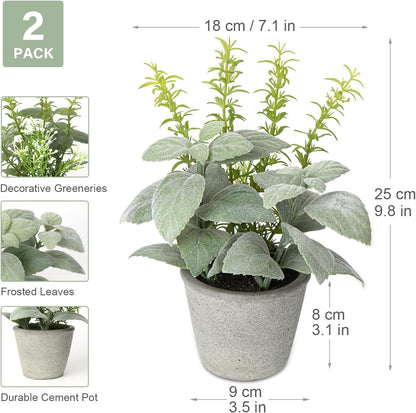 Set of 2 Fake Plants Artificial Potted Plants Faux Mint & Rosemary Plants Indoor for Home Farmhouse Rustic Shelf Coffee Table Cabinet Decor