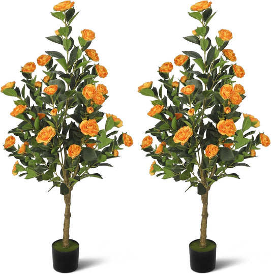 2-Pack 4FT Artificial Camellia Tree,Realistic Fake Potted Plants with Flowers&Planters,Indoor/Outdoor Faux Flowering Trees for Home,Office,Porch,Wedding,and Housewarming Gift Decor,Red