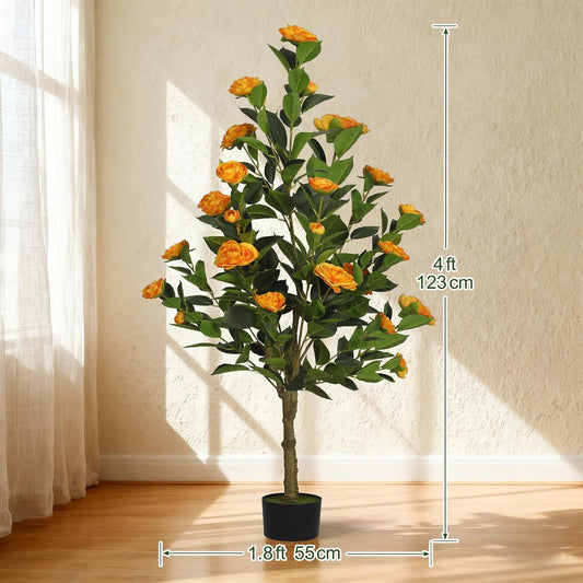 2-Pack 4FT Artificial Camellia Tree,Realistic Fake Potted Plants with Flowers&Planters,Indoor/Outdoor Faux Flowering Trees for Home,Office,Porch,Wedding,and Housewarming Gift Decor,Red