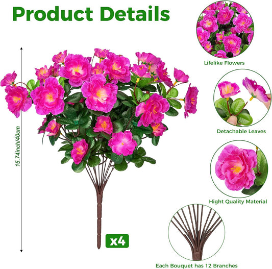 4 Bundles Artificial Camellia Flowers for Outdoors, Fuchsia