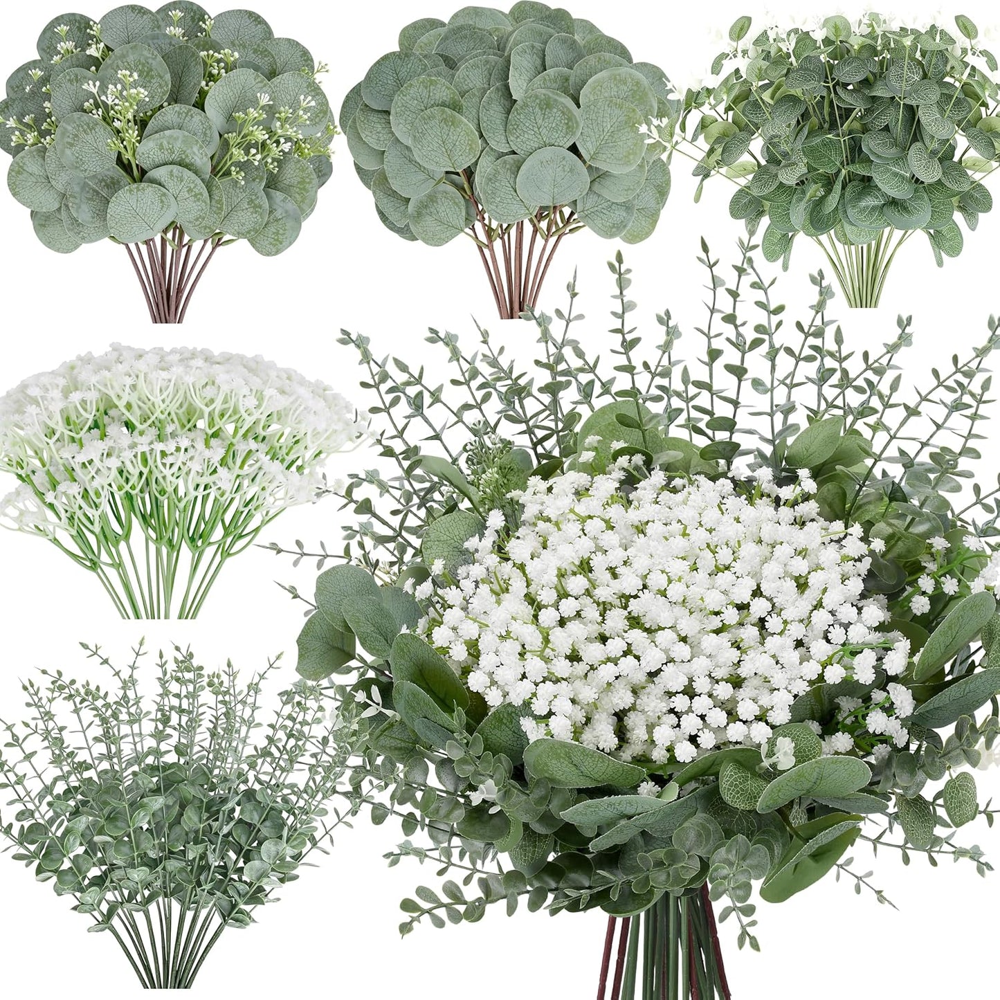 200 Pcs 5 Kinds Mixed Artificial Eucalyptus Leaves Stems Bulk Babys Breath Eucalyptus Bundle Faux Plants Greenery for DIY Bouquets Floral Arrangement Wedding Engagement Party Decor