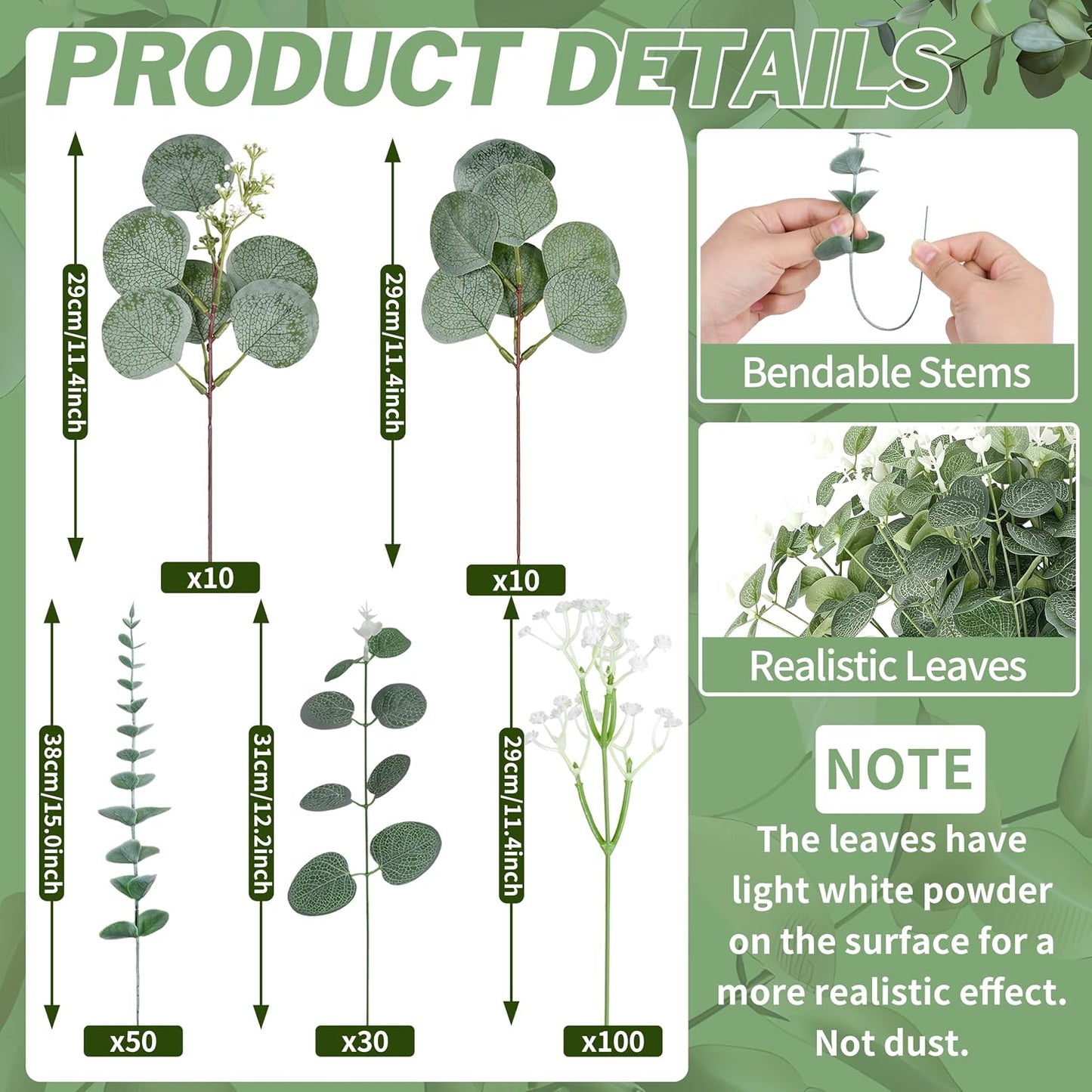 200 Pcs 5 Kinds Mixed Artificial Eucalyptus Leaves Stems Bulk Babys Breath Eucalyptus Bundle Faux Plants Greenery for DIY Bouquets Floral Arrangement Wedding Engagement Party Decor