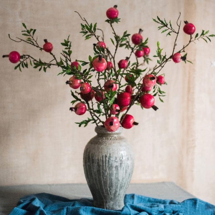 Artificial Pomegranate Fruit Fake Plant Branches | Pomegranate Stem Fake Tree | Indoor Fall Decor | Home Office Table Decorative Centerpiece - 36" Tall (1 Stem)