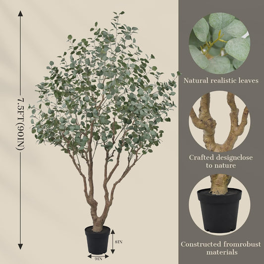 Artificial Eucalyptus Tree 7.5ft Tall Faux Plant with Large Trunks and Realistic Leaves,Fake Floor Potted Artificial Plants for Home Living Room Office Decor Indoor (7.5Feet,1Pack)